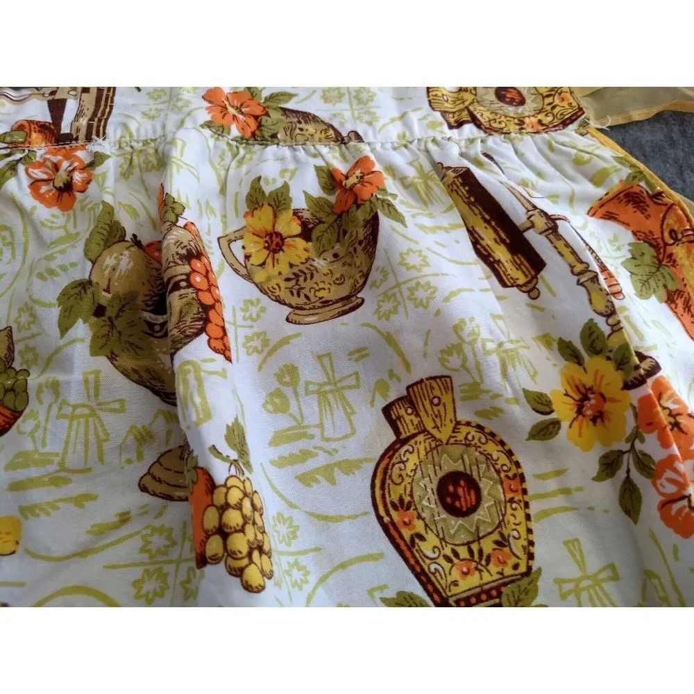 VTG HALF APRON Cotton Sheer Reversible Mod Classic 70s Orange Green Yellow Brown